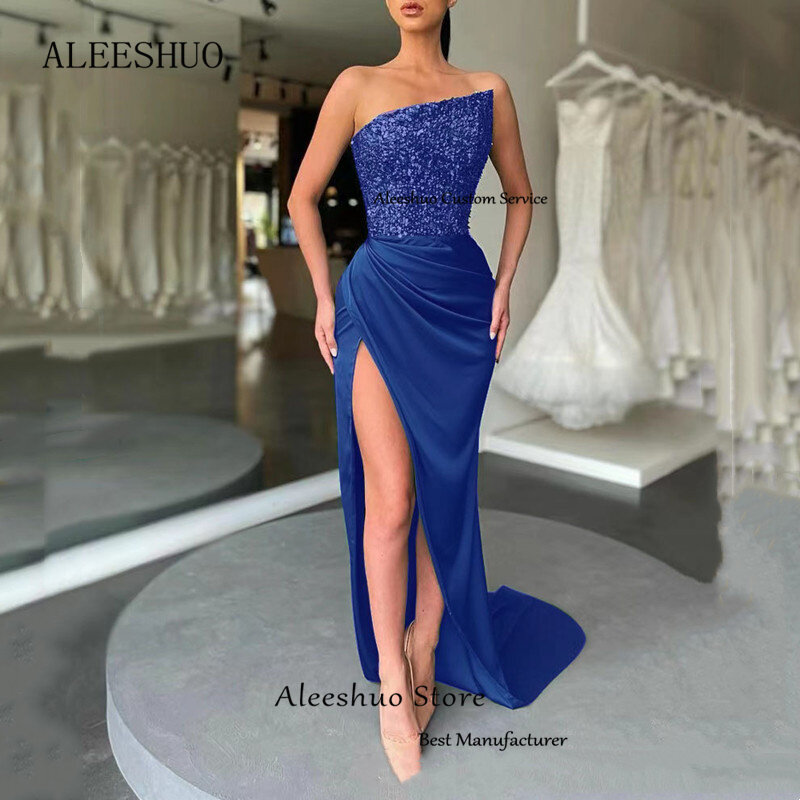 Aleeshuo-sexy sem mangas sereia vestido de baile, lantejoulas brilhantes, fenda lateral alta, sem alças, vestido de festa, 2023