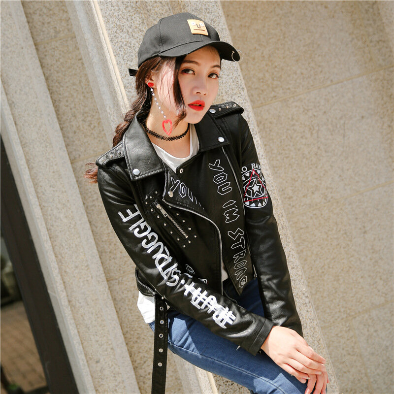 Jaqueta lisa de couro falso feminina para motociclistas, casaco de manga comprida feminina, tendência estampada, streetwear de motociclista, preto, outono, inverno