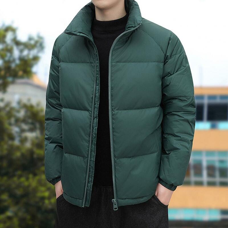 Men Down Coat with Zipper Stand Collar Solid Color Thickened Padded Heat Retention Neck Protection Winter Coat