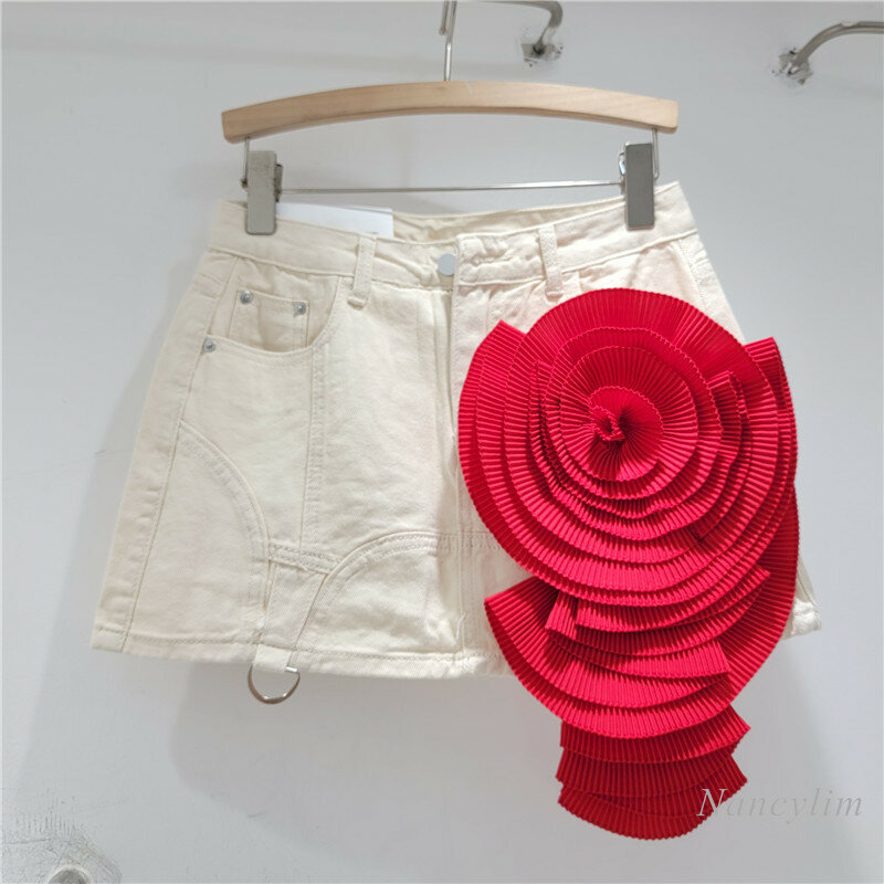 Женская джинсовая трапециевидная юбка, трапециевидная юбка с завышенной талией и трехмерным цветочным украшением, лето 2024