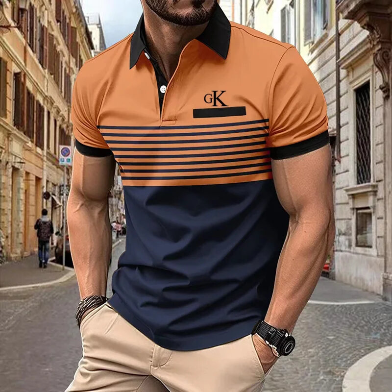 Zabawna koszulka Polo w paski z nadrukiem w paski dla mężczyzn modna, z klapami bluzka z guzikami Trend hip-hopowy letnie nowe topy z krótkim rękawem