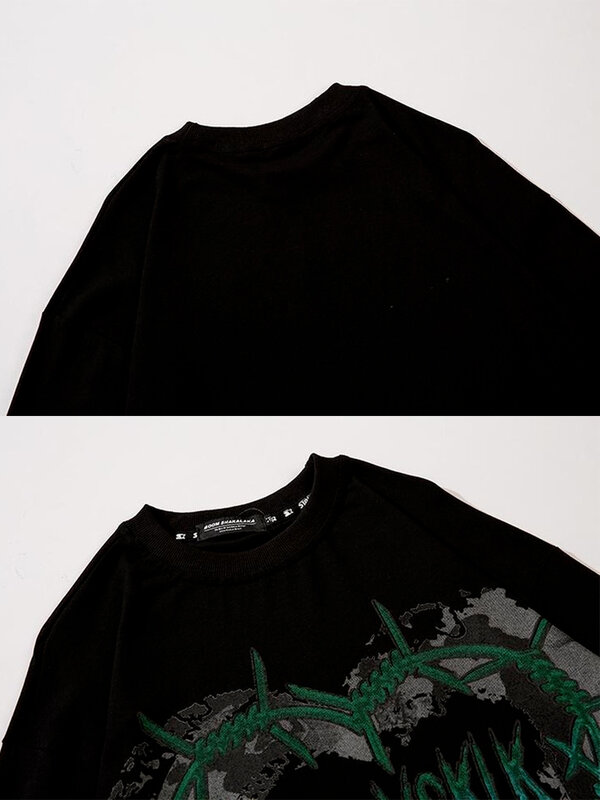 HOUZHOU Gothic Punk สีเขียวพิมพ์แขนยาวเสื้อยืดผู้หญิง Grunge Oversize Harajuku Streetwear Hippie คอสีดำด้านบน