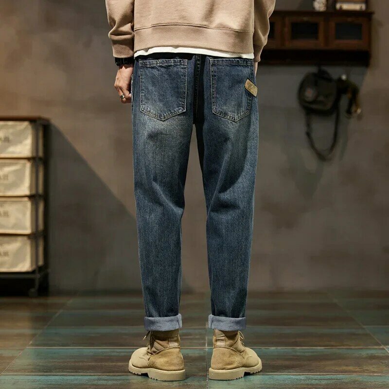 Celana panjang Jeans hangat, celana panjang Denim tebal biru Harem, celana Jeans longgar bulu domba musim dingin ukuran besar untuk pria