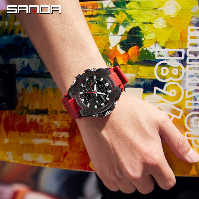 Часы наручные SANDA Мужские Цифровые, модные трендовые многофункциональные водонепроницаемые электронные в стиле милитари, с ночным освещением, для студентов и молодежи, 3311