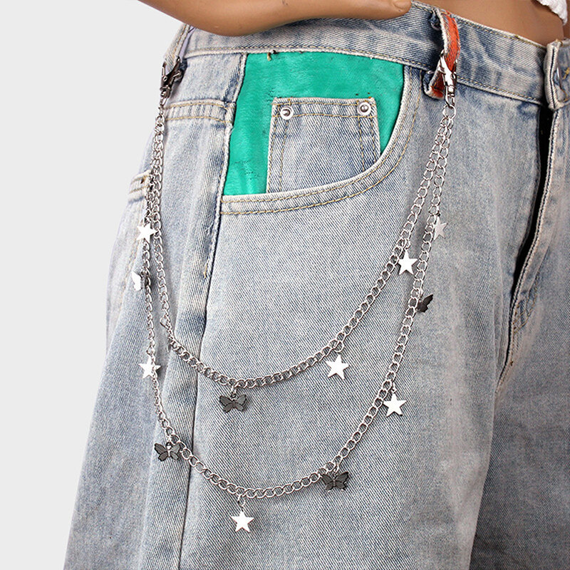 Cadena de cintura con colgante de estrella de mariposa de Metal, Hip Hop, Punk, versátil, cadena de pantalones de doble capa para hombres y mujeres