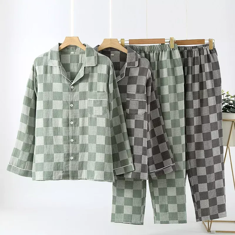 Men's Minimalist Plaid Pure Cotton Double-layer Gauze Pajamas for Spring Long Sleeved Home Clothing Elastic Waist Trousers 2 Pcs