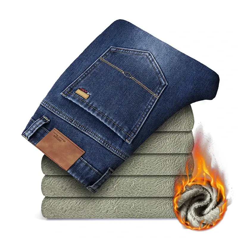 Celana Jeans longgar pria, bawahan Denim bulu tebal ukuran besar 40 42 44 46 hangat untuk bisnis regang ukuran besar