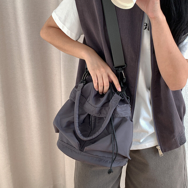 Leisure Large Capacity Bucket Bag Drawstring Nylon Underarm Bag Premium Korean Handbag Commuter One Shoulder Crossbody Bag