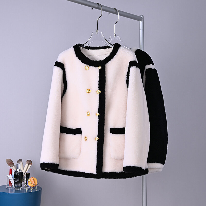 Jaket bulu wol asli wanita terlaris 2023 mantel hangat wanita domba domba Shearling musim dingin warna kontras mantel PT327