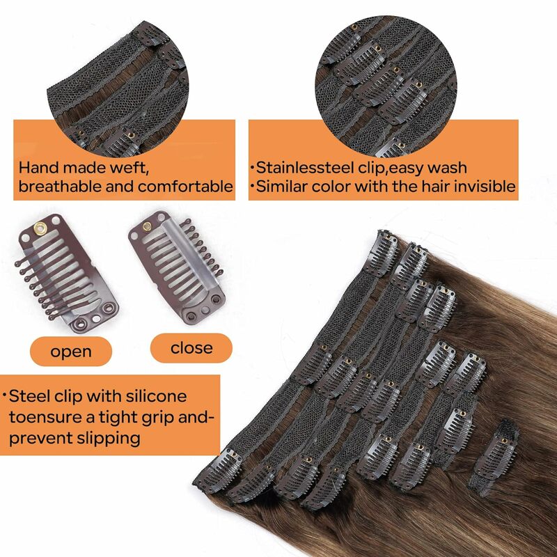 8PCS/Set Sraight Clip In Hair Extension Human Hair Clip Ins Seamless Double Weft Clip In Hair Extension for Women Color P4/27T4#