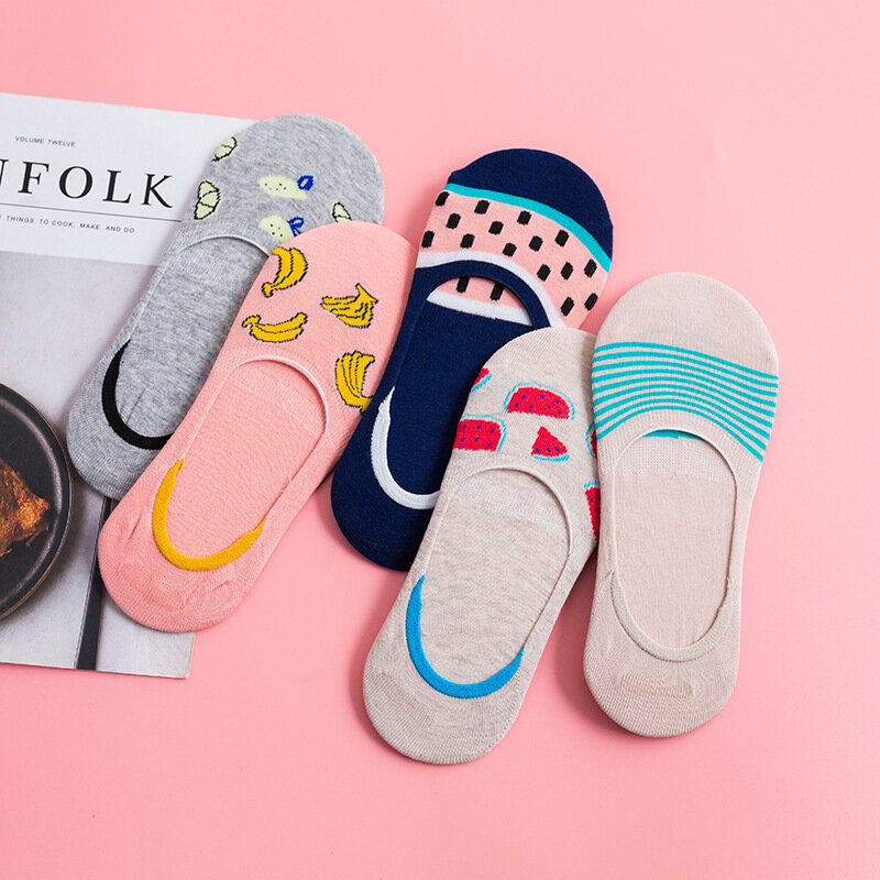 Arrivl – chaussettes en coton pour femmes, lot de 10 pièces = 5 paires, motifs amusants, Fruits mignons, joyeux, en Silicone, invisibles, 35 à 40