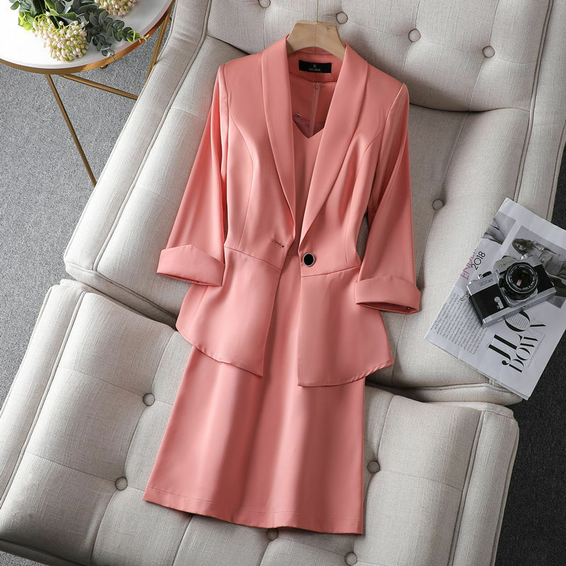 ملابس النساء الوردي مع فستان وقمم ملابس العمل التجارية الدعاوى أنماط الموضة الصيف السيدات السترة المهنية