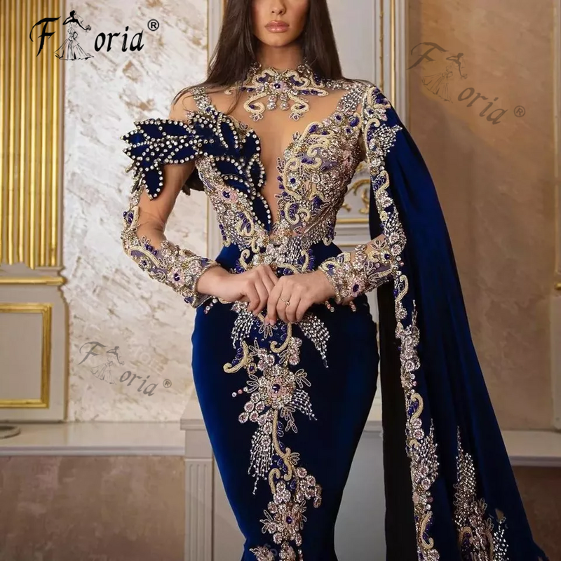 Luxo contas de cristal veludo sereia vestidos de noite azul royal couture manga longa dubai apliques festa baile vestidos gala