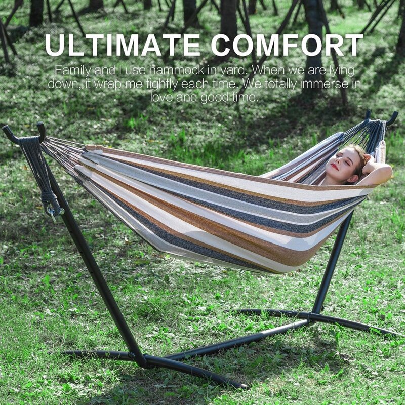 PNAEUT Double Hammock with Space Saving Steel Stand Included 2 Person Heavy Duty Outside Garden Yard Outdoor 450lb