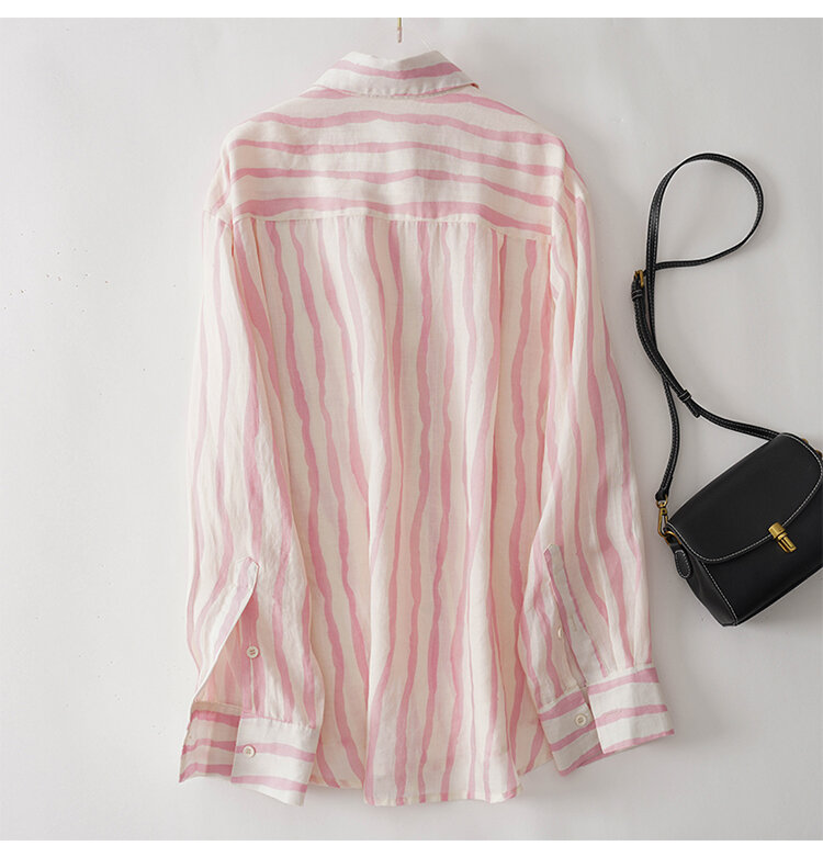 YCMYUNYAN Vintage Striped Women Blouses Ladies Shirt New Loose Summer Long Sleeves Tops Polo-neck Cotton Linen Women's Shirts