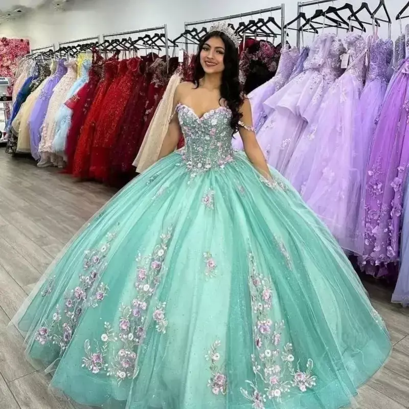Miętowa ukochana księżniczka Quinceanera sukienki bez ramion 3D aplikacja Vestidos De 15 Anos suknia balowa słodka 16 księżniczka impreza