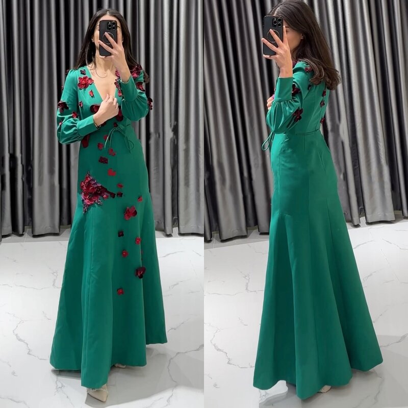 Платье для выпускного вечера из Саудовской Аравии, атласное коктейльное платье-трапеция с аппликацией и V-образным вырезом, длинное платье на заказ