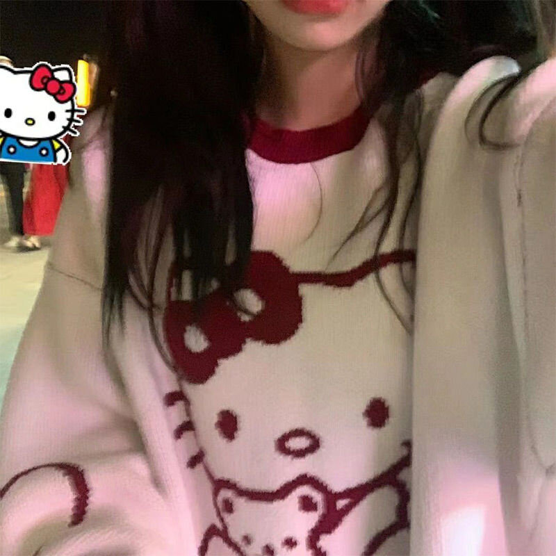 Sanrio weibliche Herbst tragen Hallo Kitty O-Neck Pullover lose Farbe Pullover Top koreanische Pullover Frauen Mode Langarm Pullover