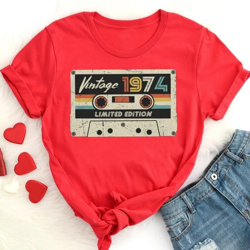 Damska bawełniana koszulka z grafiką w stylu Vintage 1974 t-shirt z kasetą 1974 48. Urodziny prezent dla mamy taty