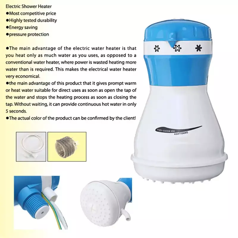 Calefator de água elétrico com chuveiro, calefator Não-imponunding para o banho, aquecimento de água imediato, 5400W, 110V, 220V