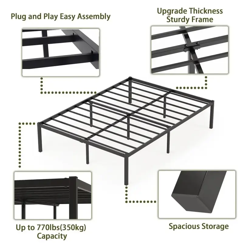 Queen Size Metal Bed Frame, Fundação alta Under-Bed armazenamento, 16"