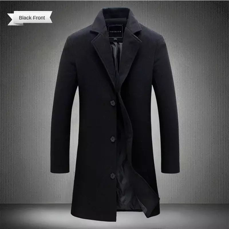 2023 Spring Autumn New Long Cotton Coat New Wool Blend Pure Color Casual Business Fashion Men's Clothing Slim Windbreaker Jacket