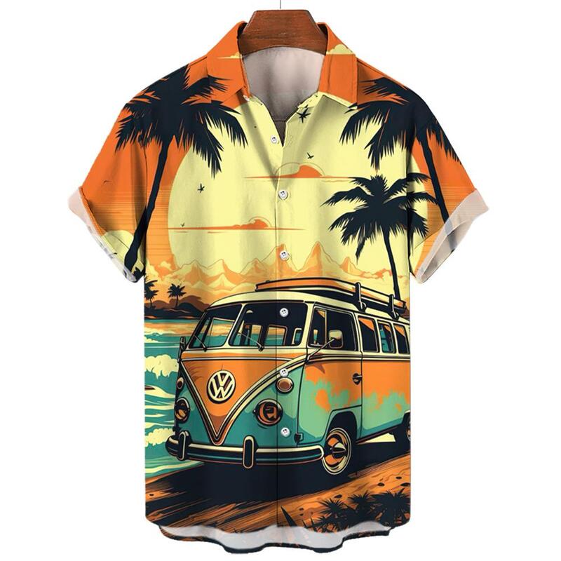 하와이 남성용 코코넛 트리 비치 패턴 셔츠, 3D 프린트 탑, 여름 휴가 패션, 반팔 셔츠, 라펠 단추 의류