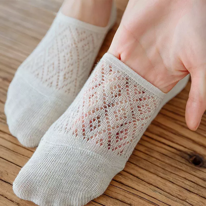 Meias invisíveis antiderrapantes de silicone para mulheres, meias de malha de cor sólida, meias de algodão feminino, 5 pares por conjunto