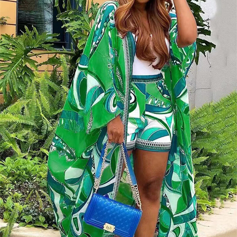 African Clothes for Women 2023 Summer Sexy African Women Long Sleeve Polyester Printing 2pcs Top Short Pant Matching Sets