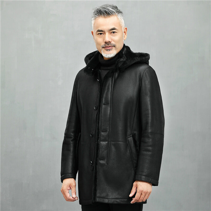 남성용 오리지널 생태 양가죽 모피 코트, 분리형 후드, 중간 길이, 정품 재킷