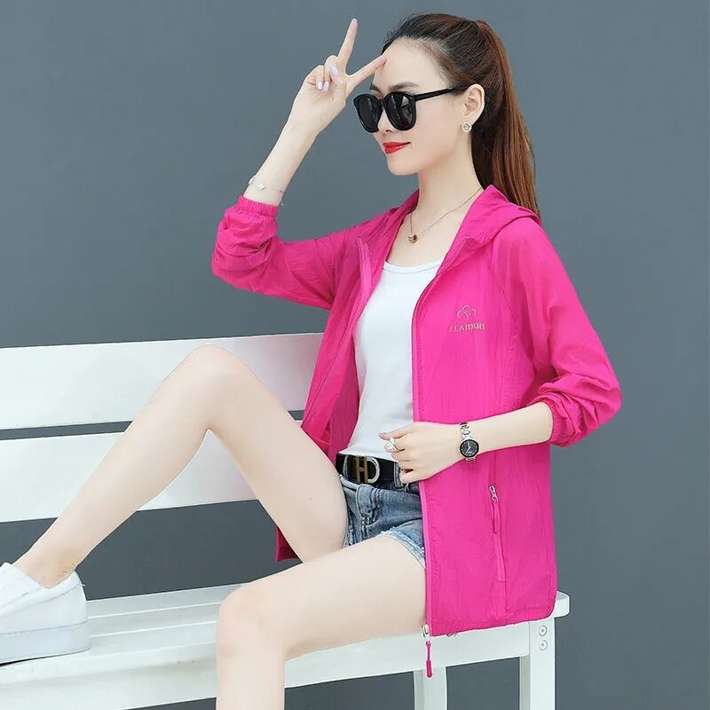 Koreanische Frauen locker sitzen Eis Seide ultraviolett-sichere Sonnencreme Kleidung Tops Mantel weibliche Sommer Kapuze einfarbige Sonnenschutz jacke