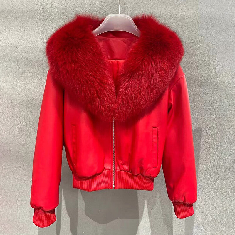 2022หนังใหม่สำหรับผู้หญิงแจ็คเก็ตของแท้ Sheepskin Coat Fox Fur Collar แขนยาวซิปแฟชั่นฤดูใบไม้ร่วงฤดูหนาว Outwear GT5076