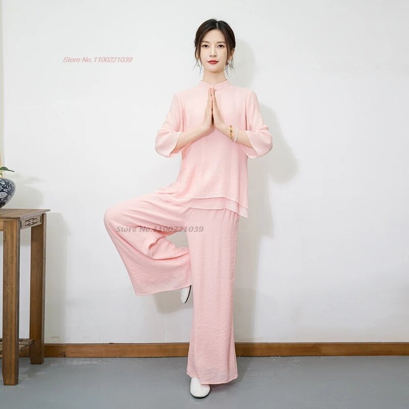 2024 chinese vintage hanfu tops+pants set oriental breathable cotton linen yoga outdoor walking oriental meditation sports suit