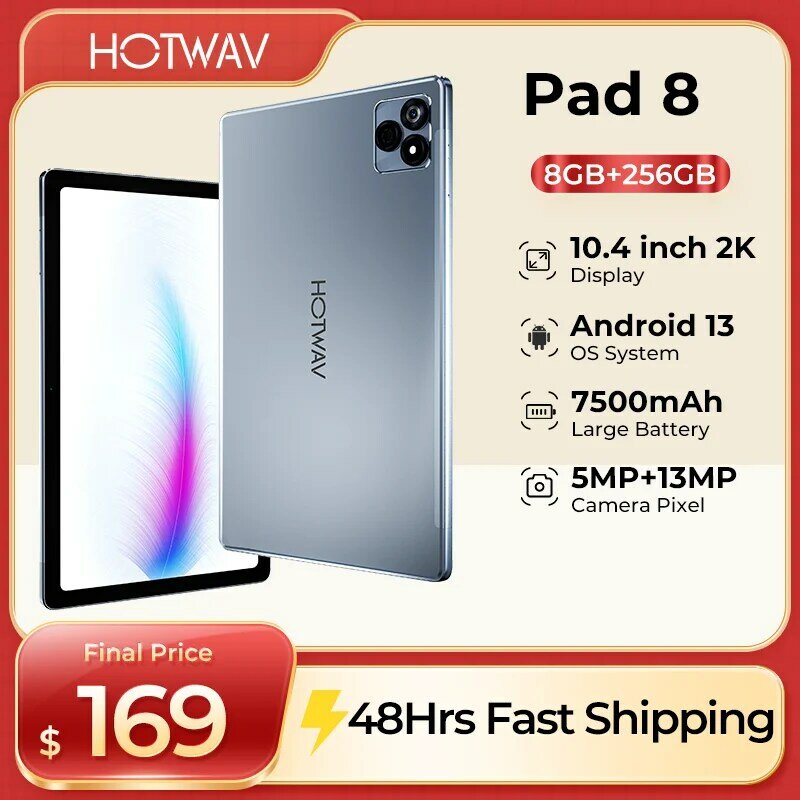 HOTWAV-Tablet PC Pad 8, Android 13, FHD + 2K Display, 8GB + 256GB, Câmera 13MP, T606 Octa-Core, 7500mAh, 2 em 1, Novo, 10,4 em