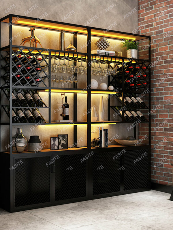 Armario de vino minimalista moderno, estante de vino de hierro, soporte de exhibición de piso, estante de almacenamiento de pared luminoso personalizado