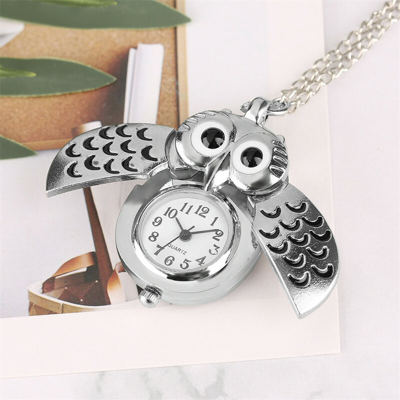 Tiny Cute Owl Shaped Pendant Necklace Pocket Watch for Kid Men Women Retro Quartz Pocket Clock Gifts Arabic Numerals Dial