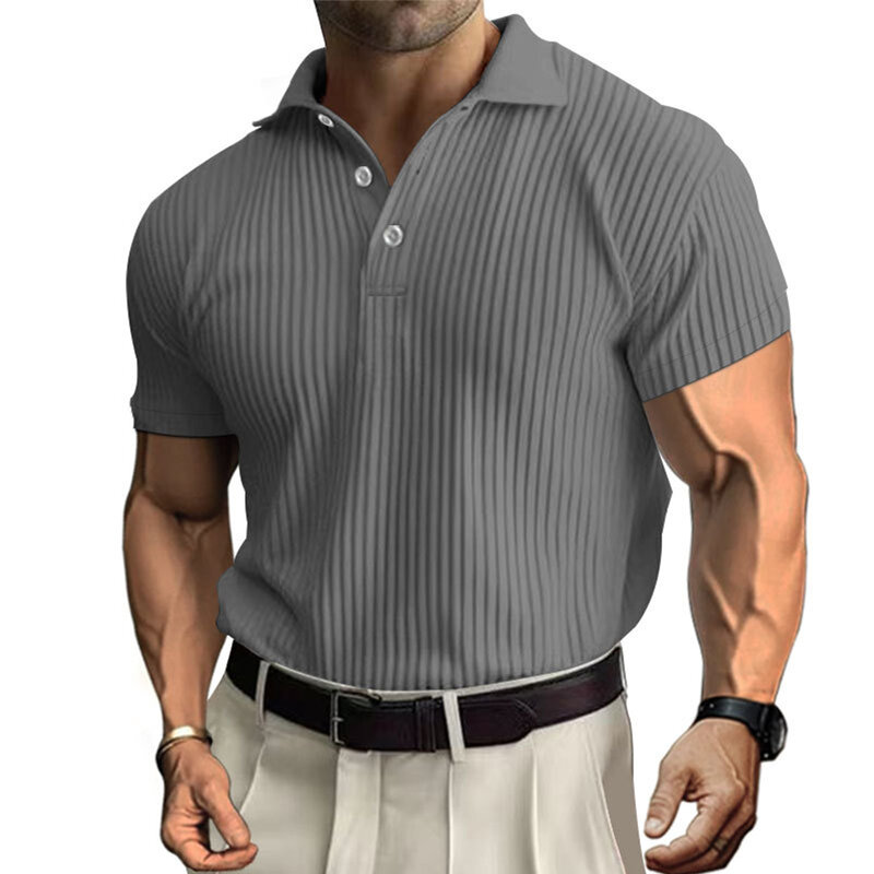 เสื้อเบลาส์คอปกแขนสั้นสำหรับผู้ชาย, ชุดเดรสสบายๆทางการสีล้วนสำหรับใส่ในสำนักงานลำลองมีกระดุมปกเสื้อสำหรับใส่ในฤดูร้อน