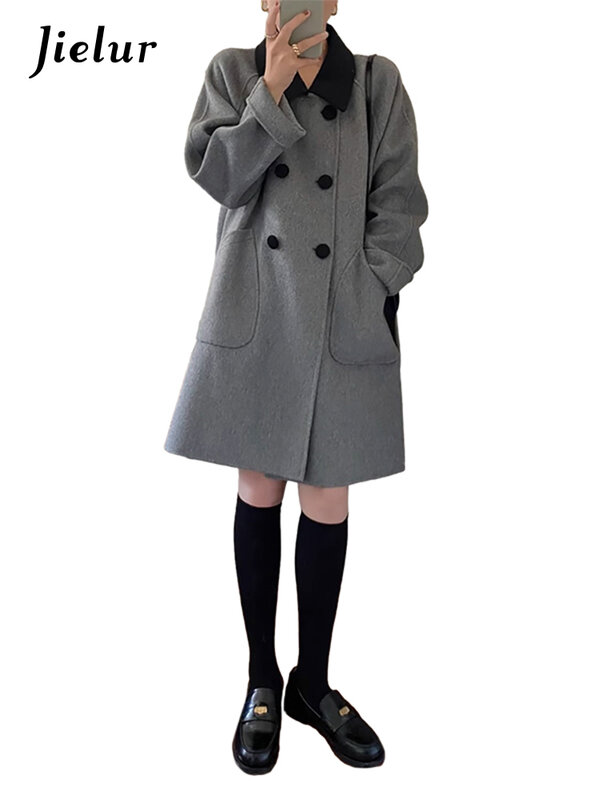 Jielur-Mélange de style preppy gris pour femmes, double boutonnage, mode décontractée, simple, dames de bureau, poches douces, laine féminine