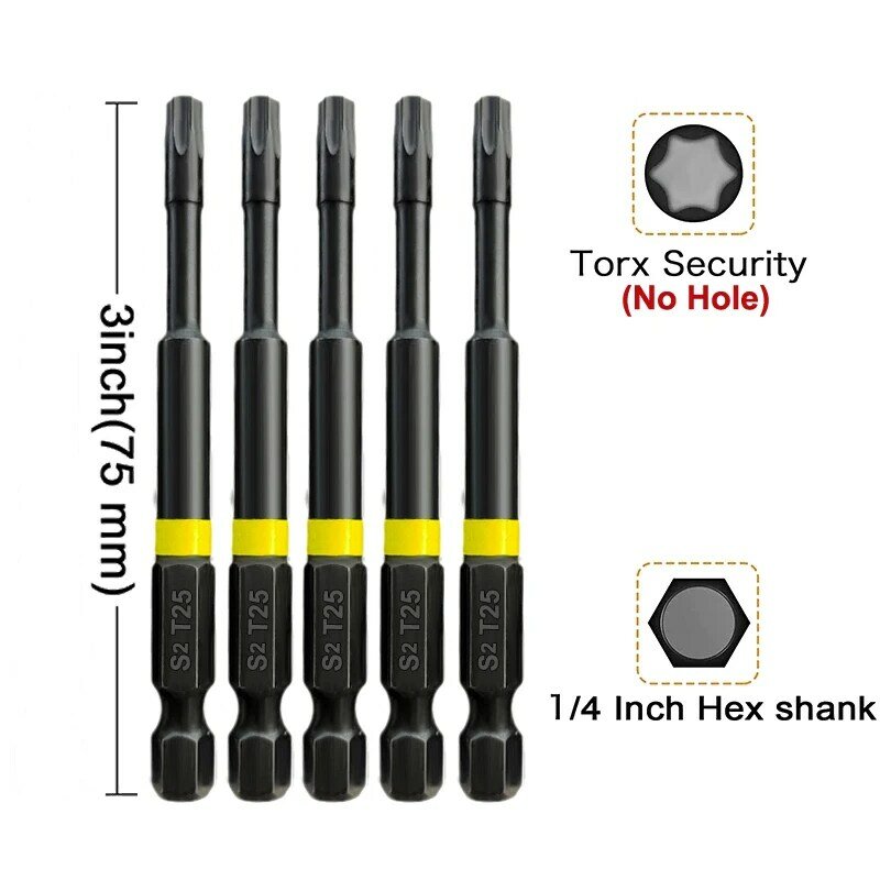 Magnetic Torx chave de fenda Bit Set, T20, T25, T27, T30, T40, Bits Torx Star Segurança, 1/4 "Hex Shank, Tamper Resistant, 75 milímetros, 5pcs
