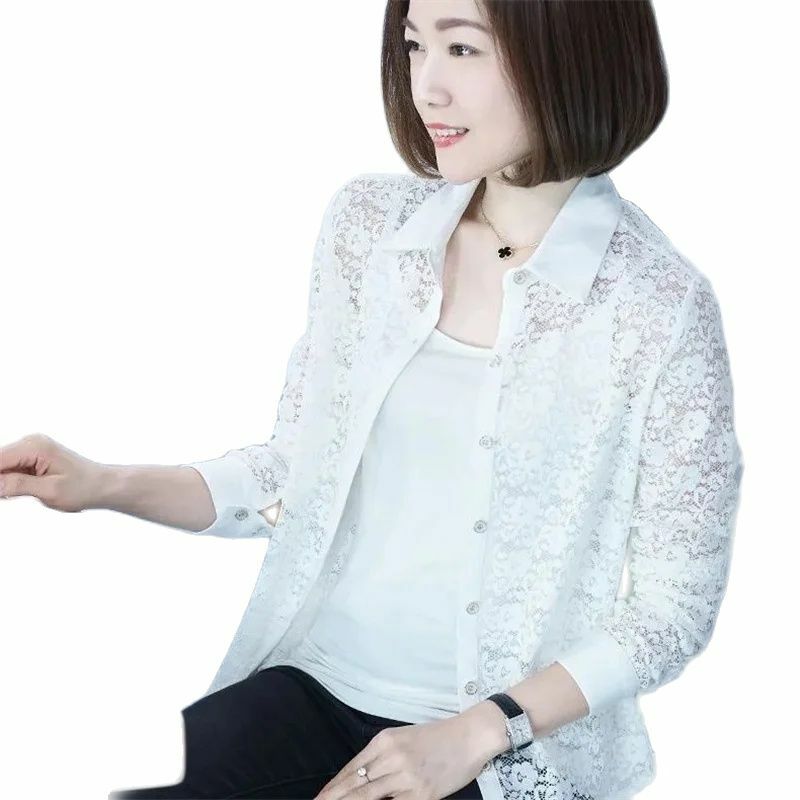 Spring And Summer Personality Sweet And The Sun Protection Clothing Long-Sleeved Hollow Lace Air-Conditioned Shirt is Female