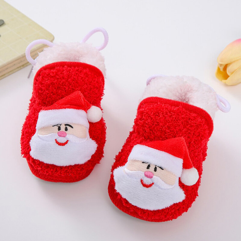 VISgogo 아기 크리스마스 신발, 산타 클로스 눈사람 엘크 부드러운 밑창 미끄럼 방지 워킹 슈즈, 플랫 유아 겨울 신발, 여아 남아용