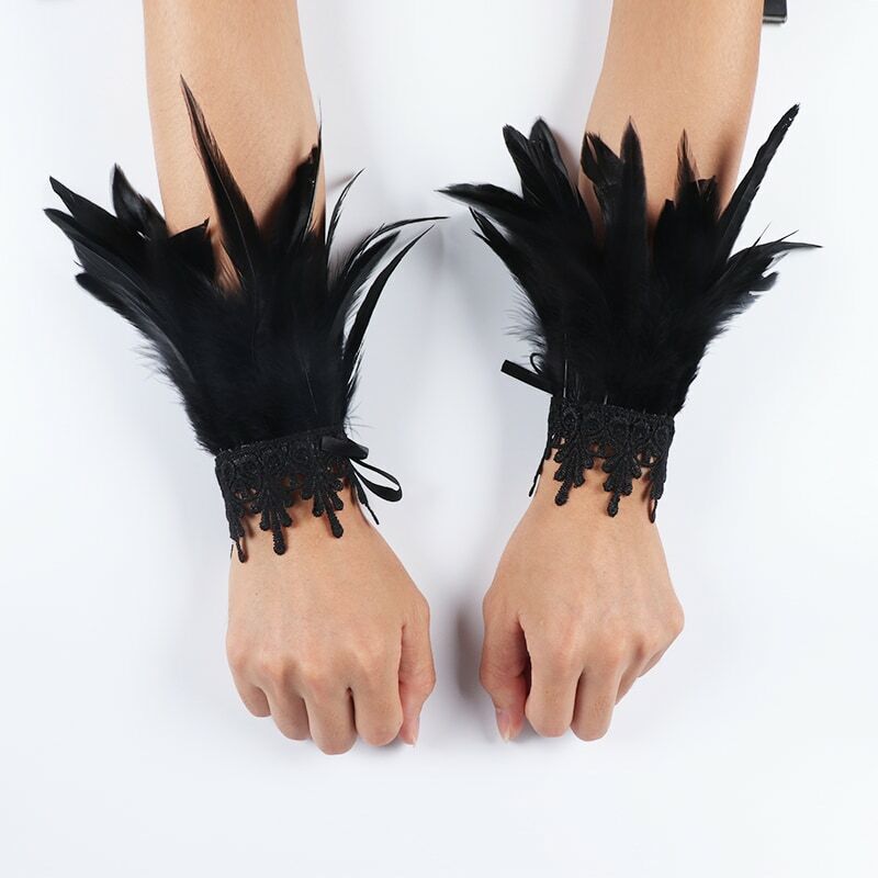 2 Stuks Lace Feather Pols Manchetten Zwarte Echte Natuurlijke Geverfd Haan Veer Arm Warmers Party Cosplay Kostuum Accessoire Veer Handschoenen