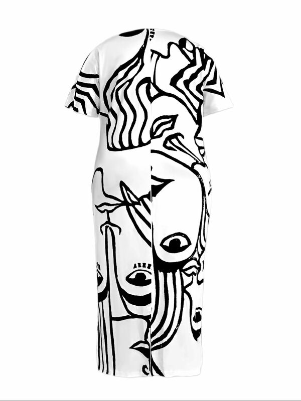 LW 플러스 사이즈 드레스 추상적인 피규어 프린트 포켓 디자인 슬릿 원피스, 여름 반팔 원피스, 캐주얼 여성 루즈 원피스