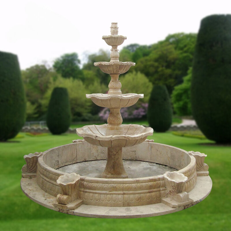 Klassischer 4-stufiger Marmor wasser brunnen mit großer Steins chnitzerei im Freien für die Garten dekoration