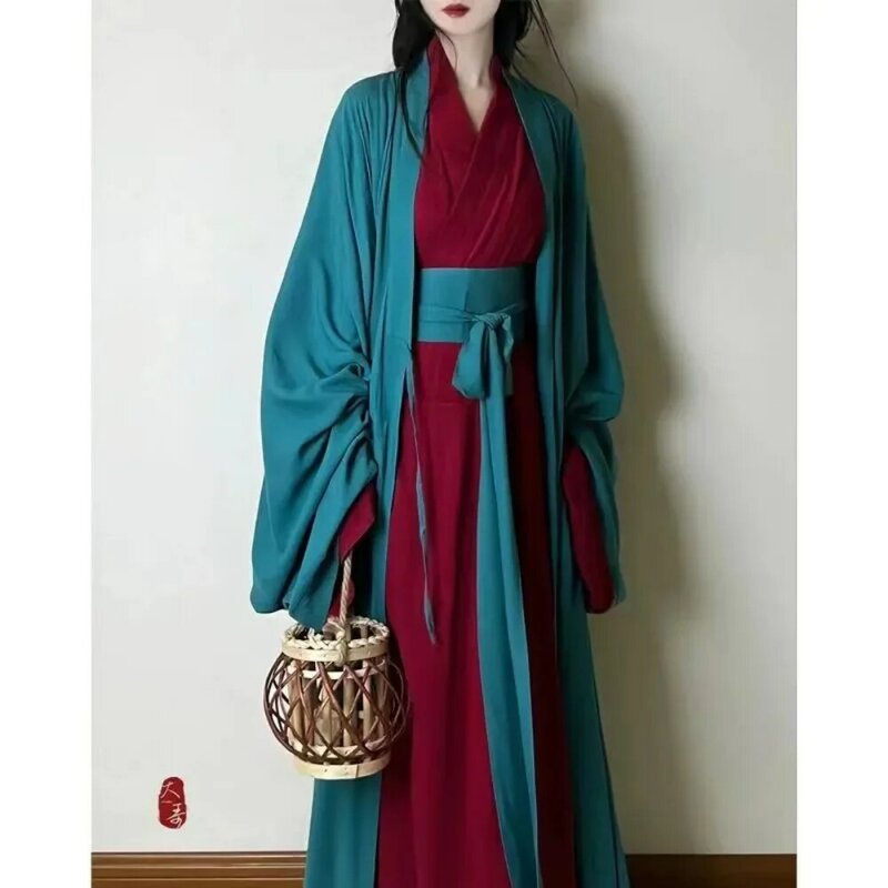 Vestido hanfu chinês para mulheres, traje cosplay, antigo vestido hanfu tradicional, dinastia Song, vestido verde e vermelho, 2023
