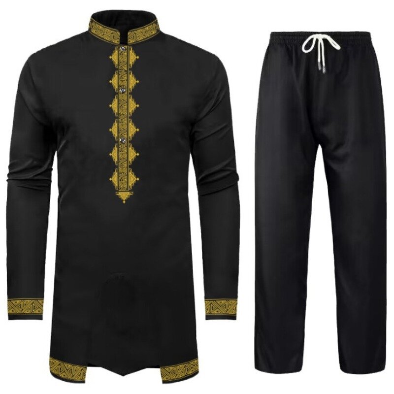 Top e calças de bronzeamento africano masculino, roupa Kaftan Abayat, conjunto muçulmano, Paquistão Abayat, conjunto 2 peças