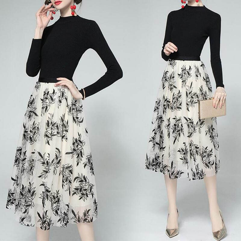 女性用3D刺leafリーフプリントAラインスカート、チュールミディスカート、二層、ハイウエストデザイン、エレガント