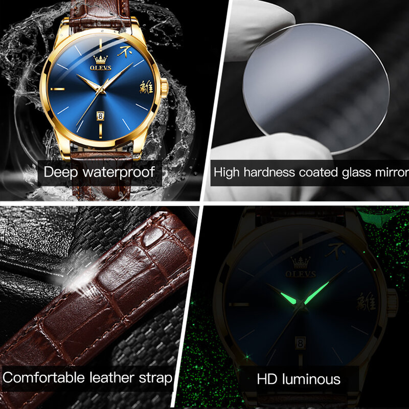 OLEVS 커플용 쿼츠 시계, 가죽 스트랩, 중국 디스플레이, 심플 다이얼, 방수 야광 손목 시계, 패션