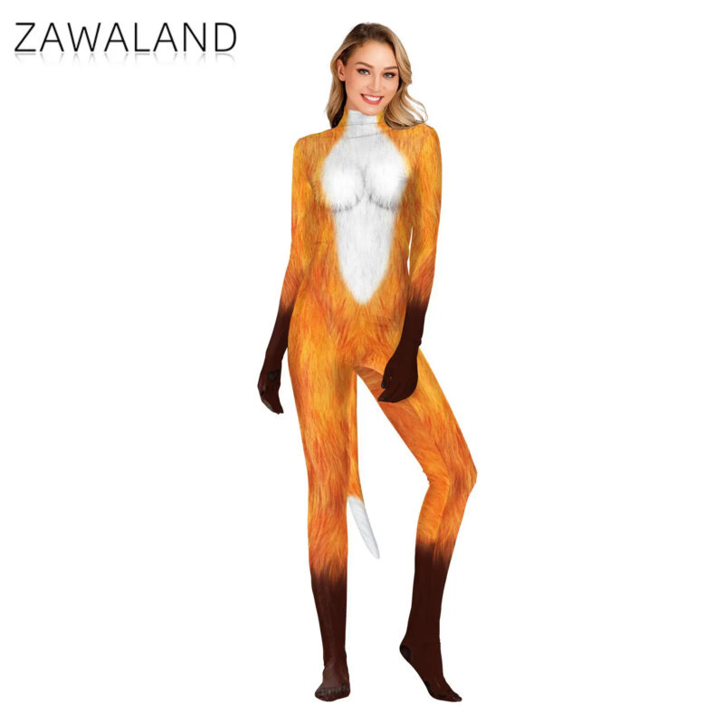 Zawaland 여성용 할로윈 의상, 동물 여우 3D 인쇄 젠타이 애완 동물 세트, 섹시한 슬림 점프수트, 멋진 원피스