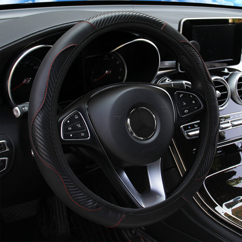 سيارة غطاء عجلة القيادة تنفس مكافحة زلة بولي Leather الجلود توجيه يغطي مناسبة 37-38.5 سنتيمتر السيارات الديكور ألياف الكربون